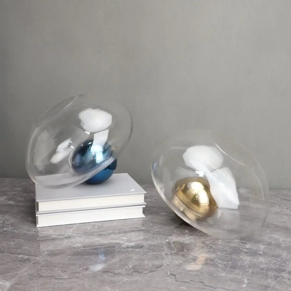 Clear glass dome ball glass vase with metallic golden ball and blue sphere for living room decorbites decorbites hydroponic decor