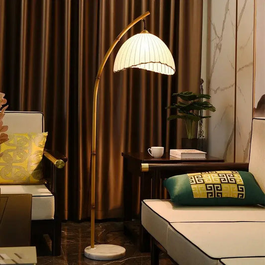 Golden bamboo shaped led floor lamp with white pleated shade and marble base for living room decorbites bamboo shaped design