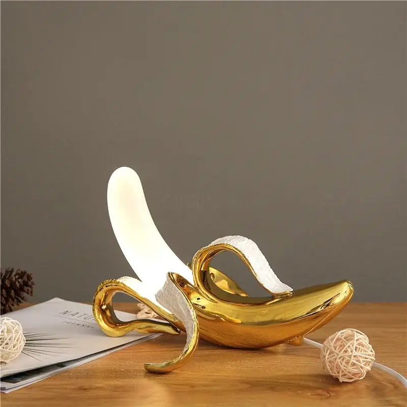 Golden banana glass lampshade night light with glossy finish and white peel detail for bedroom decorbites decor