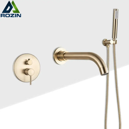 Gold-toned decorbites golden bathtub faucet with hand shower wall mount rotating spout and flexible hose for bathroom use