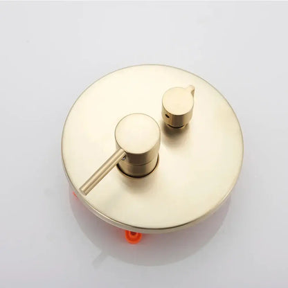 Modern brushed brass decorbites golden bathtub faucet with sleek circular base and two minimalist control knobs