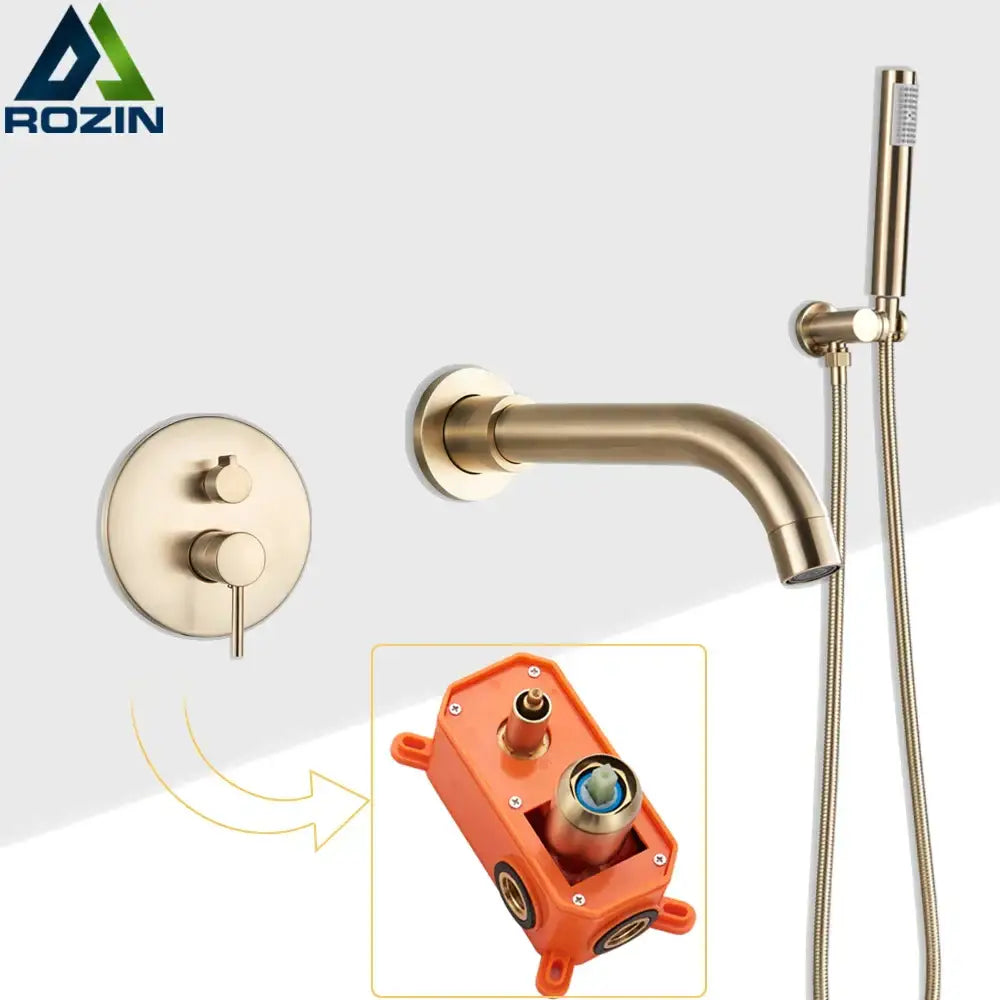 Bronze-finished decorbites golden bathtub faucet set with wall-mounted rotating spout and handheld showerhead for bathroom