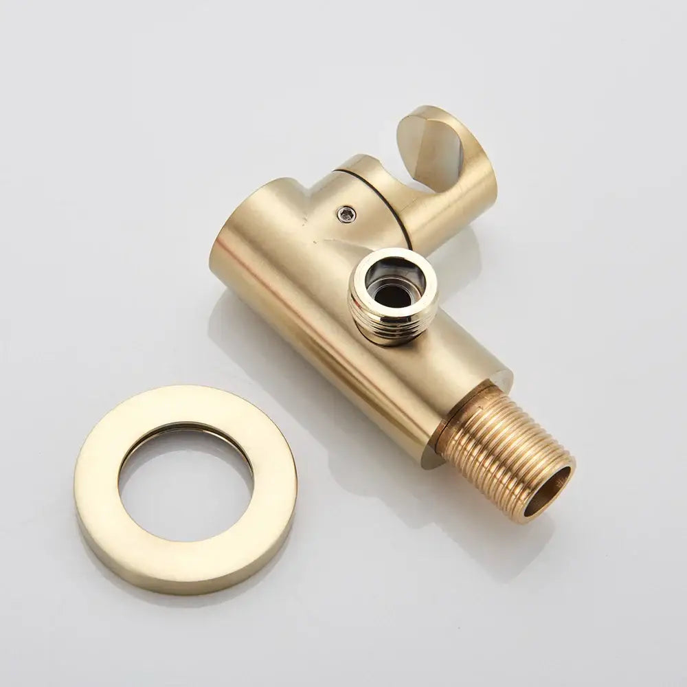 Golden bathtub faucet with hand shower featuring gold-finished brass valve and integrated hook by decorbites golden
