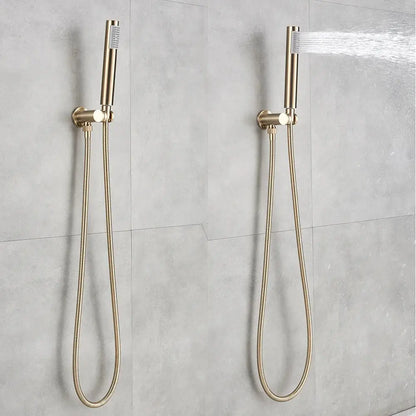 Two gold-toned decorbites golden bathtub faucet shower heads with braided hoses mounted on tiled wall with rotating spout