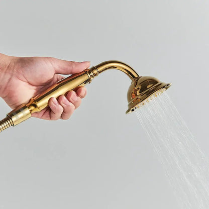 Gold-colored sleek handheld showerhead with curved spout and textured grip from decorbites golden bird freestanding faucet