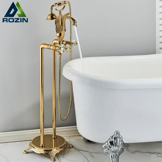 Golden bird freestanding bathtub faucet in gold with crystal handles and ornate classic design for elegant bathroom decorbites golden bird