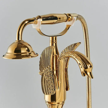 Golden bird freestanding bathtub faucet set in gold with swan shape ornate feathers and crystal handles decorbites golden bird