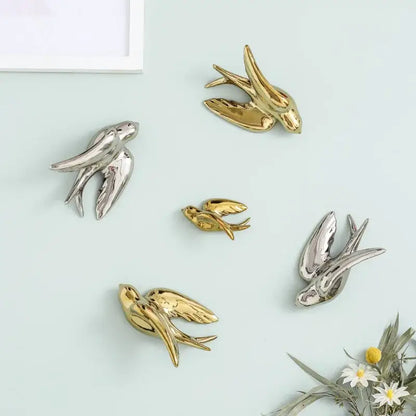 Gold and silver metallic decorbites golden bird swallow sculpture wall decor for living room display