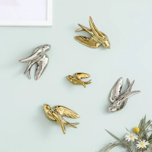 Gold and silver metallic decorbites golden bird swallow sculpture wall decor for living room display