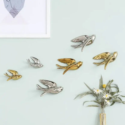 Set of six decorbites golden bird swallow wall decor pieces in polished gold and silver metal finishes for living room