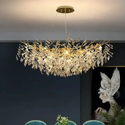Golden branch ceiling chandelier featuring golden leaf-shaped design with dangling crystal droplets for living room decorbites golden branch