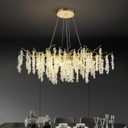 Golden branch crystal chandelier with cascading clear crystal droplets resembling grapevines for living room decorbites golden branch