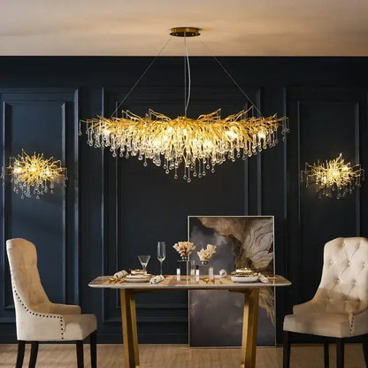 Golden crystal chandelier with intricate branch-like design and dangling crystal droplets for living room luxury lighting