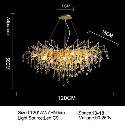 Golden crystal chandelier with intricate branch-like metal arms and dangling crystal droplets for living room luxury lighting
