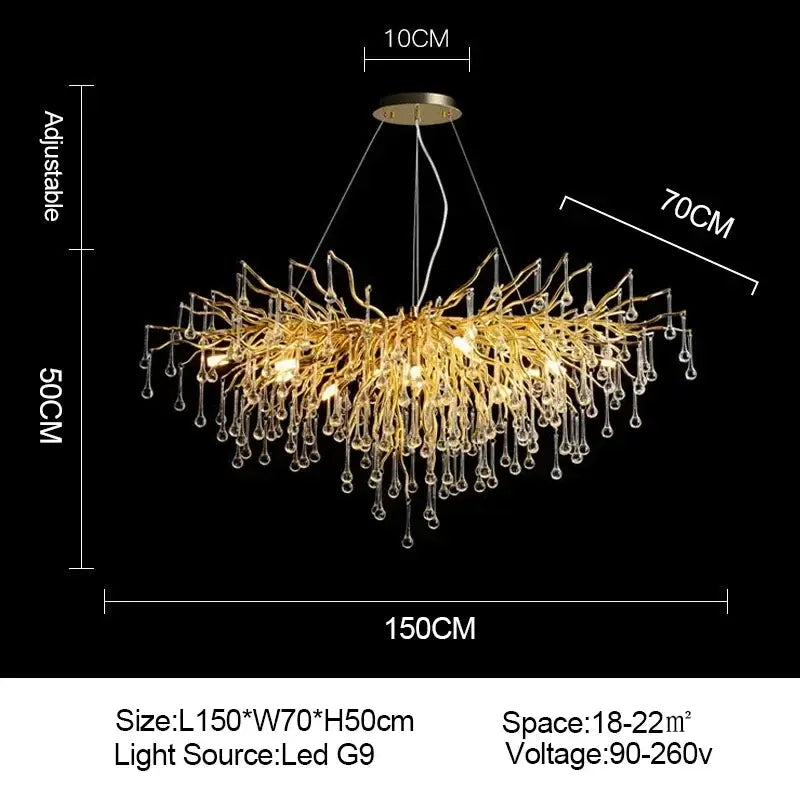 Golden branch crystal chandelier with dangling crystal droplets for living room luxury lighting