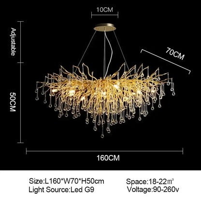 Golden crystal chandelier with branch-style design and dangling crystal droplets for living room luxury lighting