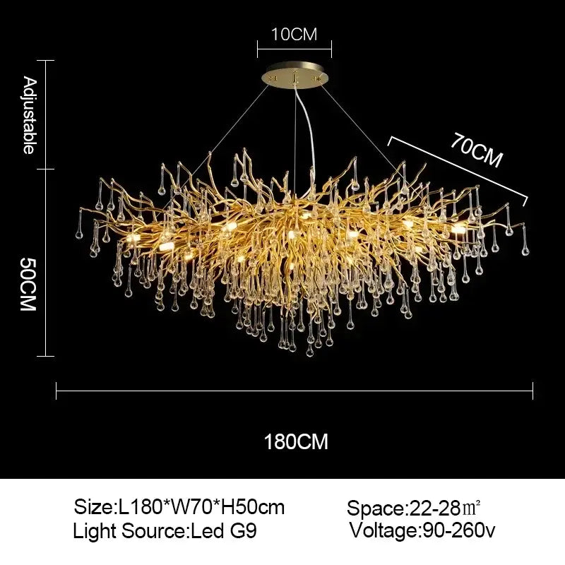 Golden branch crystal chandelier with dangling crystal droplets and LED G9 bulbs for luxury living room lighting