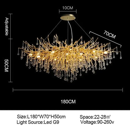 Golden branch crystal chandelier with dangling crystal droplets and LED G9 bulbs for luxury living room lighting