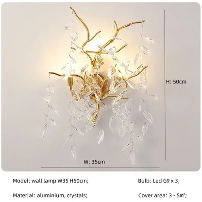 Gold-toned wall lamp with branching aluminum arms and dangling clear crystals for decorbites crystal led pendant lights