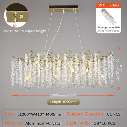 Gold-toned decorbites crystal metal chandelier with branching aluminum frame and cascading clear crystal strands for dining room
