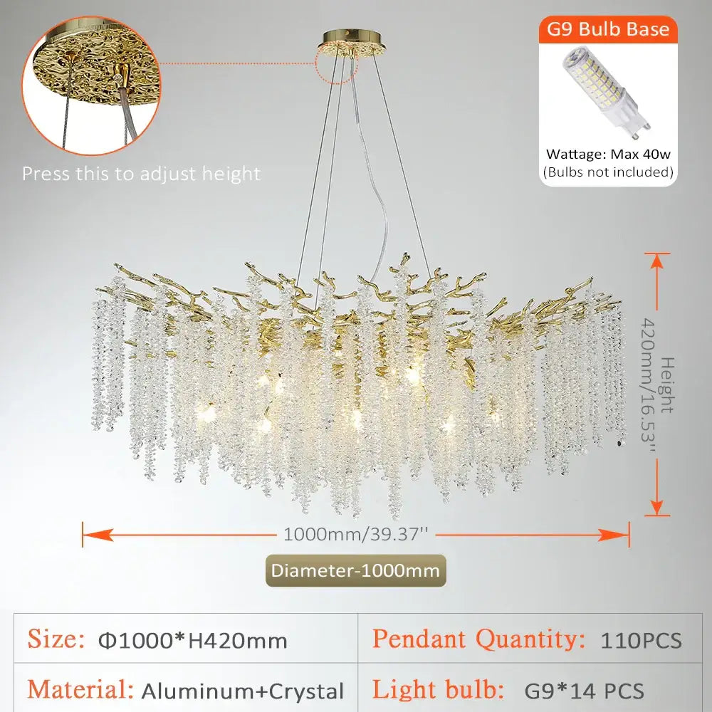 Golden branch crystal metal chandelier featuring cascading crystal strands and adjustable ceiling mount for dining room decorbites crystal metal