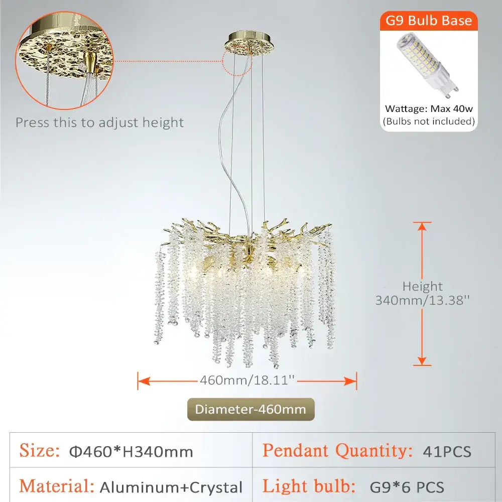 Gold-toned decorbites crystal metal chandelier with branching aluminum frame and cascading crystals for dining room decor