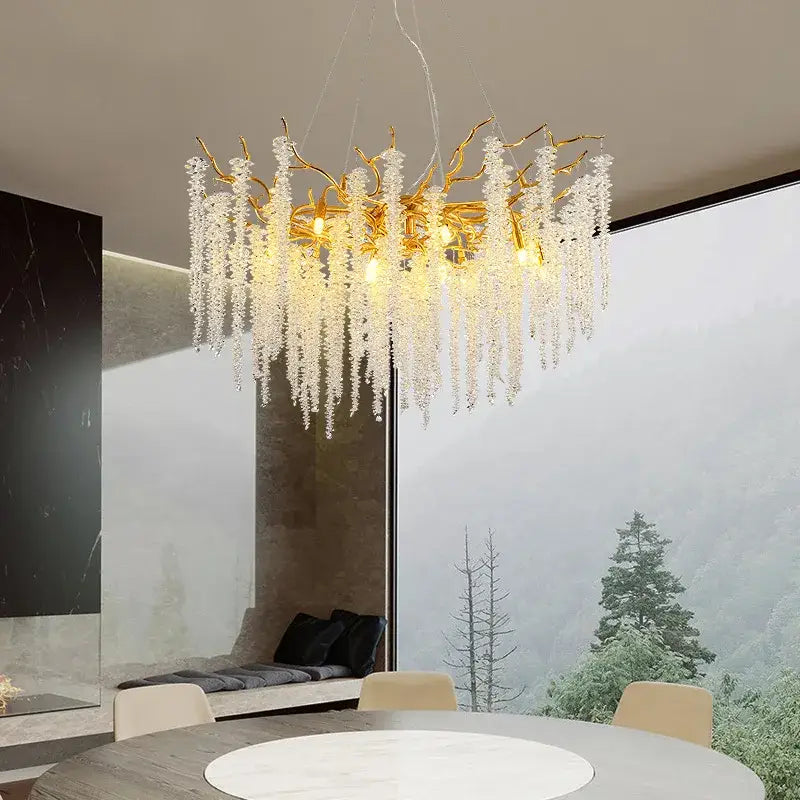 Golden branch crystal tassel ceiling chandelier with golden antler design and cascading clear crystal droplets decorbites crystal tassel
