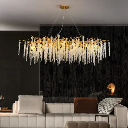 Golden branch crystal tassel ceiling chandelier with gold-toned frame and cascading clear crystal strands for living room decorbites crystal tassel