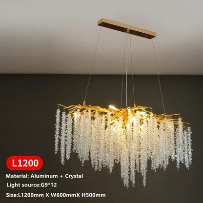 Gold-toned tassel ceiling chandelier with branch-like aluminum frame and cascading crystal droplets for living room decorbites crystal tassel