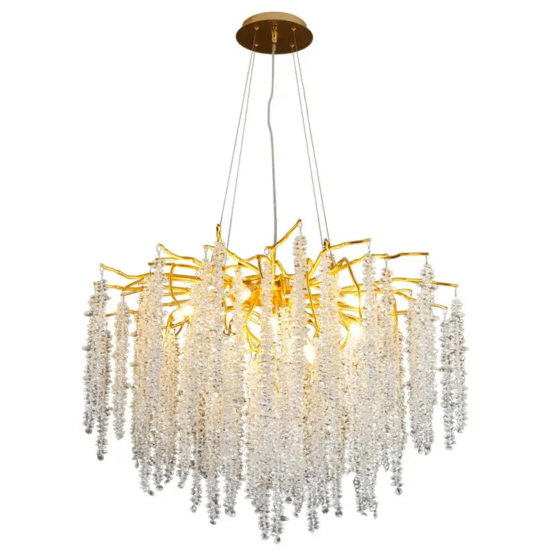 Golden branch crystal tassel ceiling chandelier with cascading clear crystal strands for living room decorbites crystal tassel