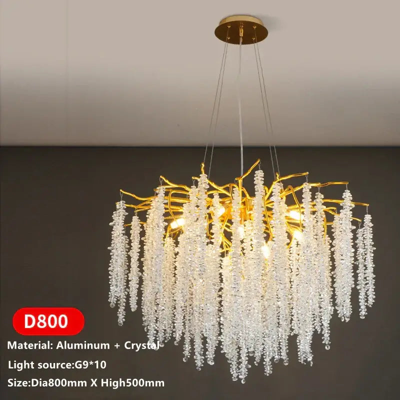 Gold-toned decorbites crystal tassel chandelier with branching aluminum frame and cascading clear crystal strands for dining room