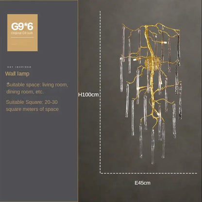Golden tree-shaped crystal wall lamp with clear glass icicle droplets for elegant bedroom decorbites crystal wall lighting