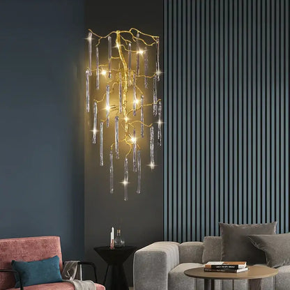 Golden branch decorbites crystal wall lamp with tree shape and dangling glass icicles featuring warm white led lights