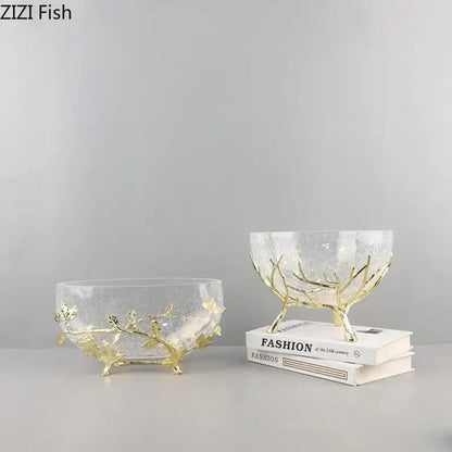 Clear glass decorative bowl with golden branches and leaf accents from decorbites golden branches bowl set for kitchen decor