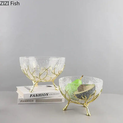Gold-toned antler-inspired stand with clear crackled glass bowl from decorbites golden branches bowl set kitchen decor