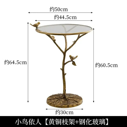 Golden brass bird tree side table with decorbites brass bird tree stand and clear tempered glass top for living room decor