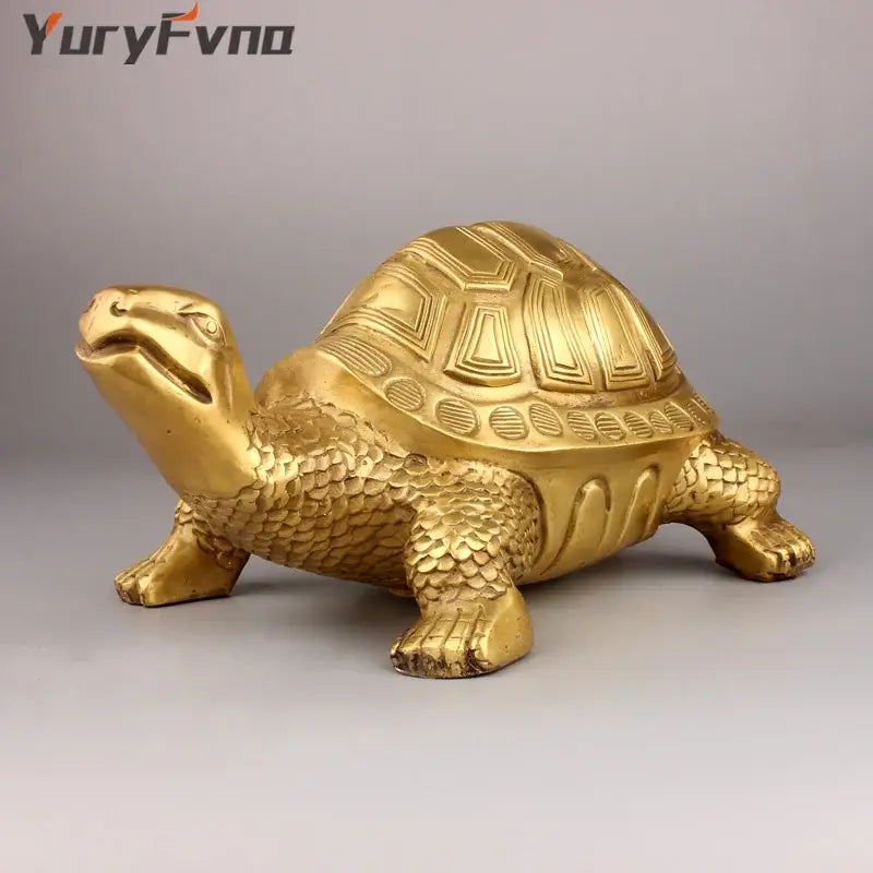 Golden brass feng shui turtle statue with detailed shell patterns and textured scales for living room decorbites brass turtle decor