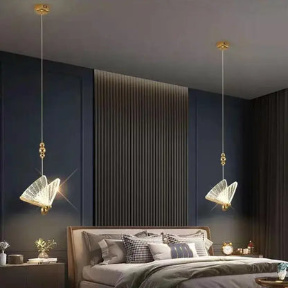 Gold-toned butterfly led pendant light with crystal wings modern pendant chandelier for kitchen and dining room