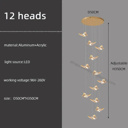 Gold-toned butterfly chandelier staircase pendant light with 12 illuminated aluminum and acrylic heads for living room