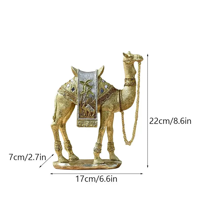 Golden camel resin sculpture with intricate silver gold detailing and decorative palm tree saddle by decorbites golden camel