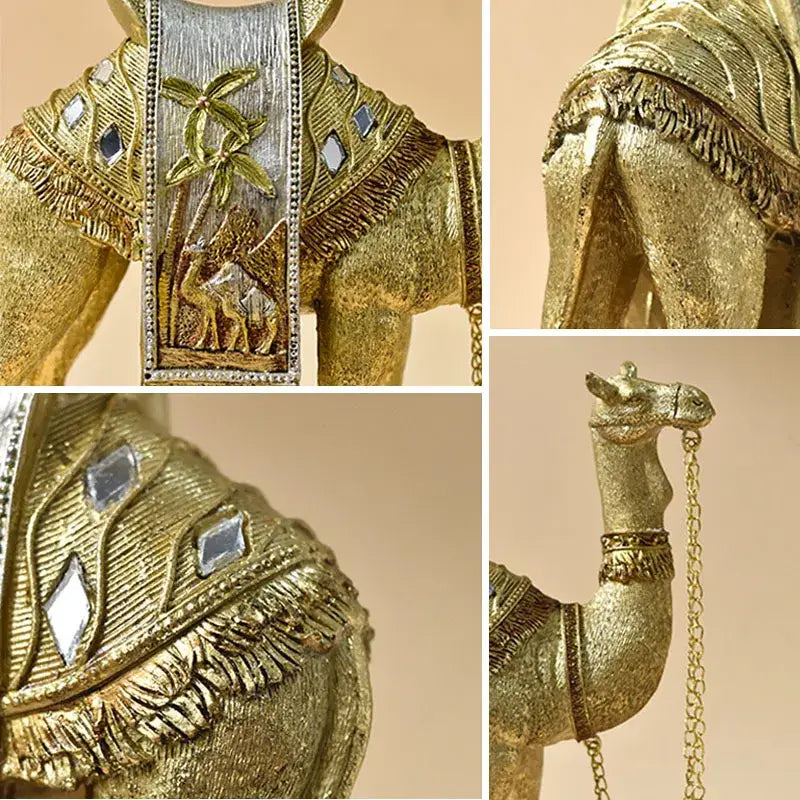 Golden camel resin sculpture with intricate detailing mirrored embellishments and decorative chain for decorbites golden camel office decor