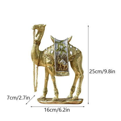 Golden camel resin sculpture with intricate detailing and embossed palm tree saddle by decorbites golden camel decor