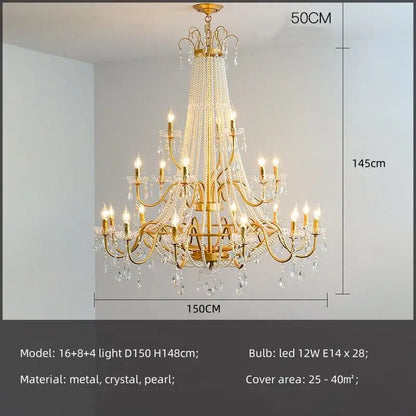 Gold-toned decorbites crystal led chandelier pendant with intricate metal arms and cascading crystal beads for villa stairs decor