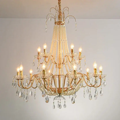Gold-toned decorbites crystal led chandelier pendant with cream beads and clear crystals for villa stairs lighting decor