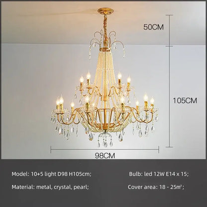 Golden cascading crystal led chandelier pendant light with ornate gold frame pearl accents for villa stairs decorbites crystal led