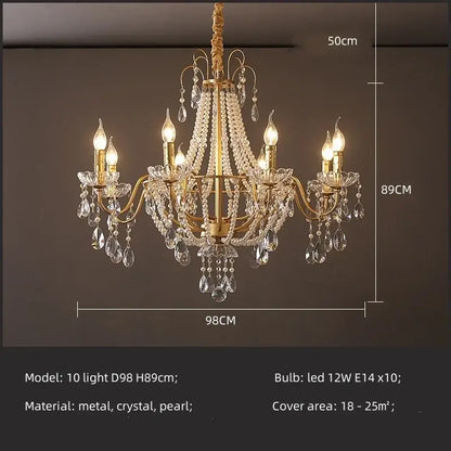 Gold-toned decorbites crystal led chandelier with intricate crystal droplets and pearl accents for villa stairs lighting