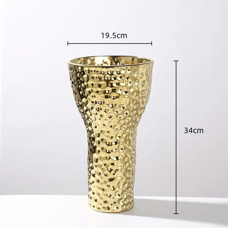 Golden ceramic geometric honeycomb vase with textured hammered surface and flared rim for living room decorbites decor