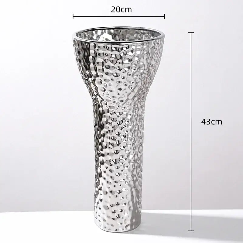 Silver hammered ceramic vase with textured bubble surface and tapered shape for decorbites golden ceramic geometric honeycomb decor