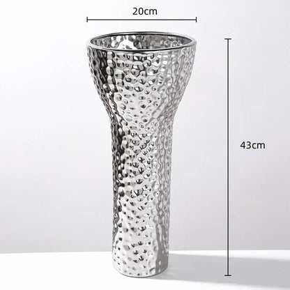 Silver hammered ceramic vase with textured bubble surface and tapered shape for decorbites golden ceramic geometric honeycomb decor