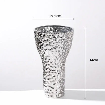 Silver hammered ceramic vase with textured bubble surface and flared rim for decorbites golden ceramic geometric honeycomb decor